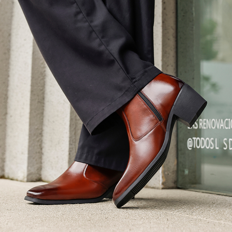 Men'S Shoes Increase Height - メンズ用、身長を高く見せる効果のあるハイヒールアンクルブーツ。サイドにファスナー、スクエアトゥ、厚底ブロックヒール、普段使いに最適なショートブーツ。